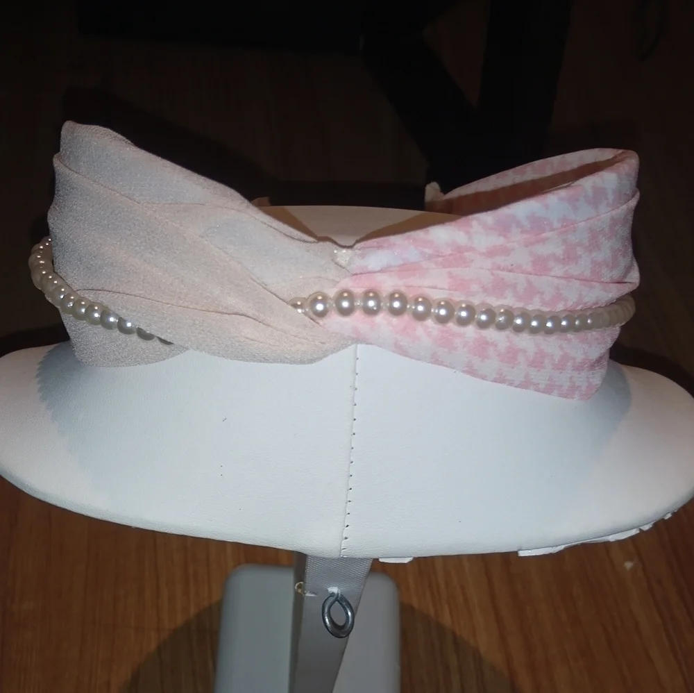 Preppy Elegant Pink Houndstooth & Pearl Knotted Wide Headband